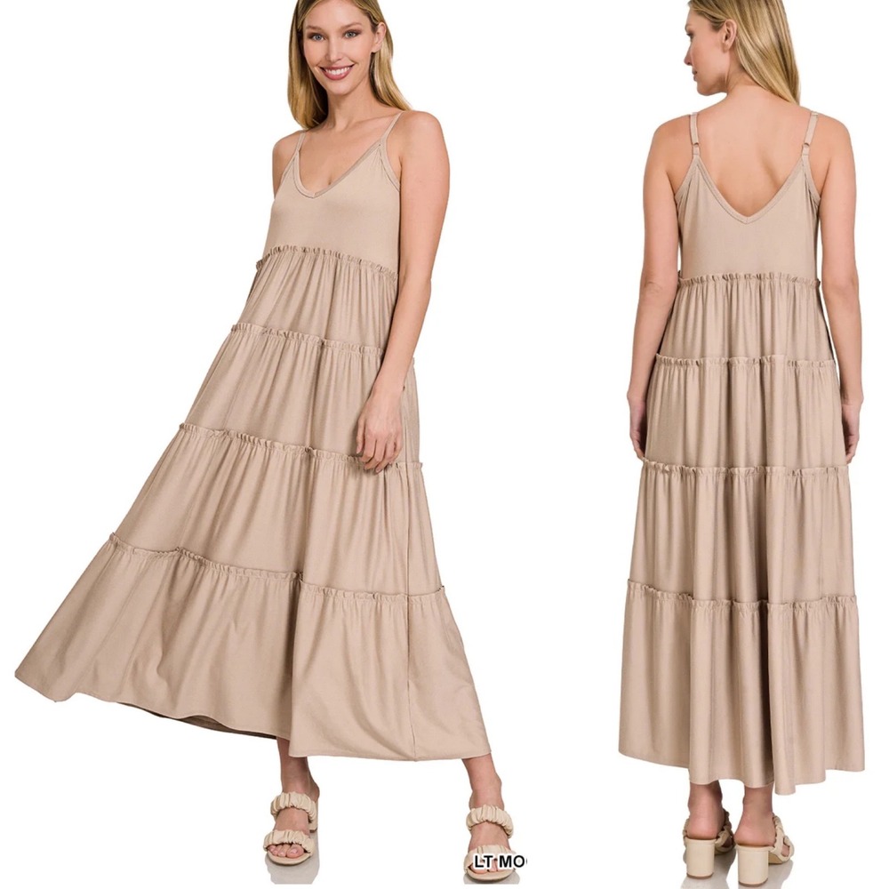Zenana V Neck Tiered Maxi Dress Tan Sundress Pockets Stretch Boho Minimalist‎